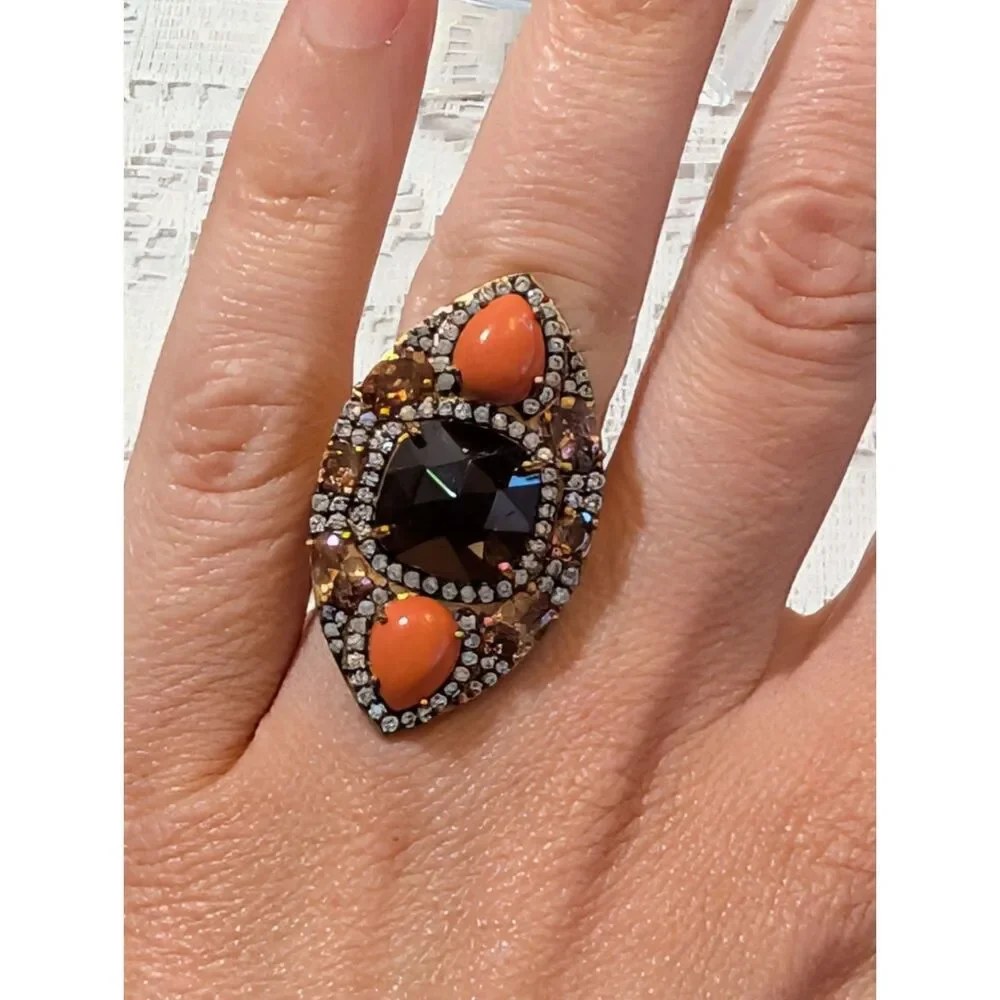Ornate Indian Mughal Style Smoky Quartz & Coral Statement Cocktail Ring – Size 7